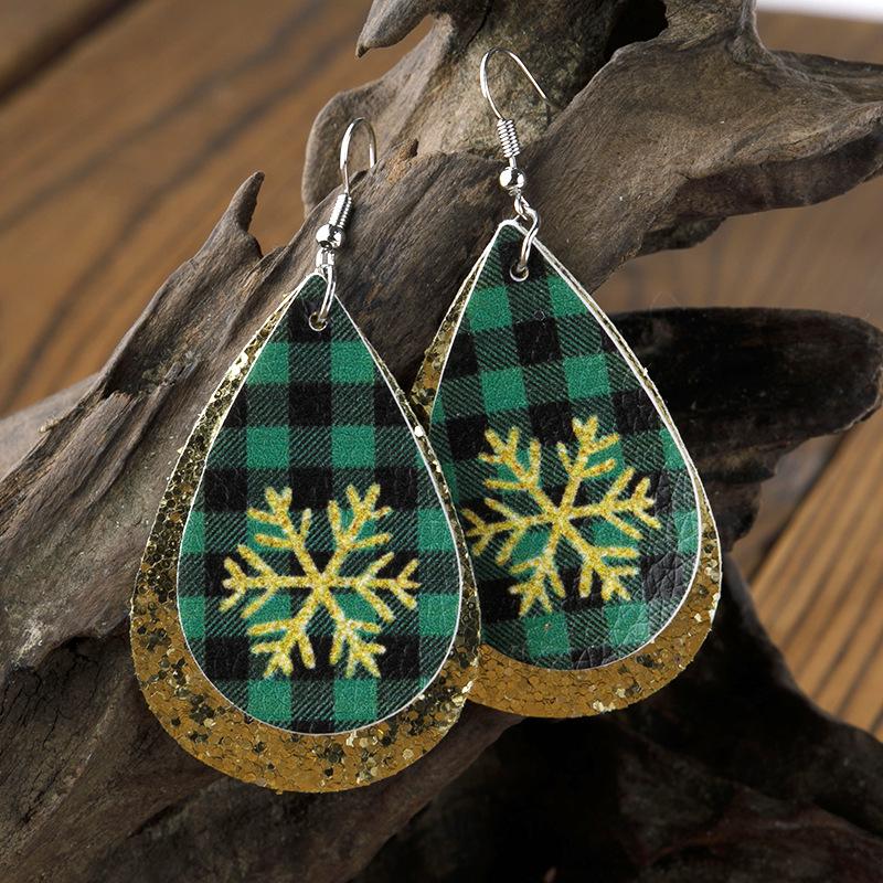 

Plaid Snowflake Leather Earrings with Sequin Layer - European and American Christmas Jewelry