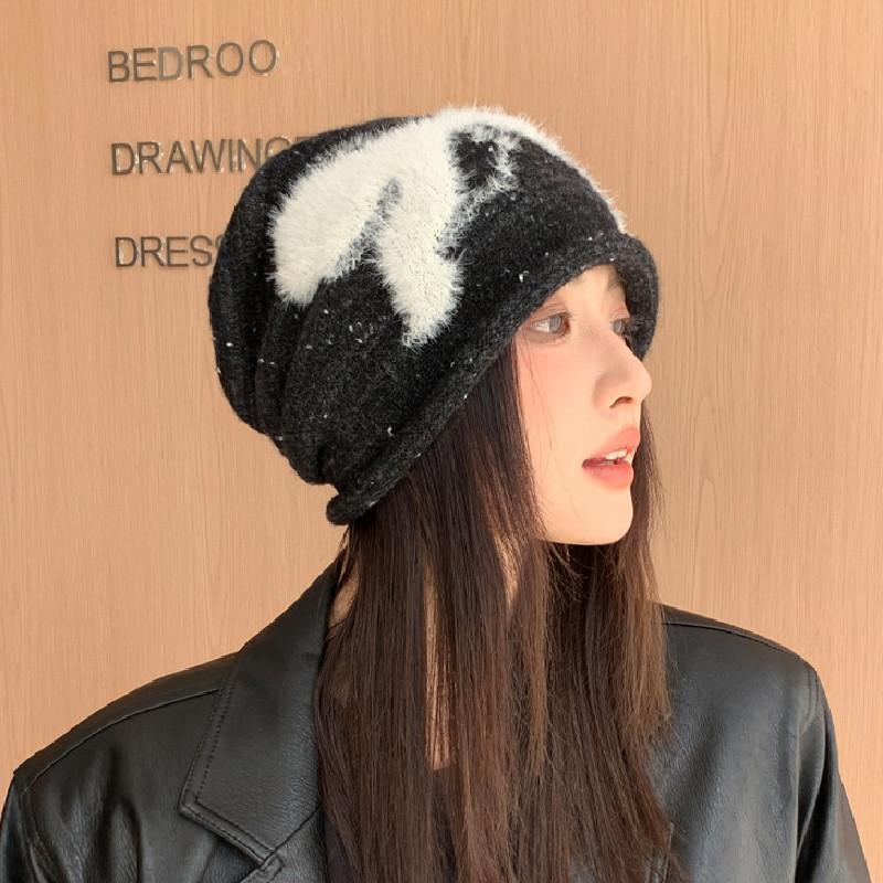 Splicing Fashion Plush Design Women Casual Knitted Hat For Autumn Winter And