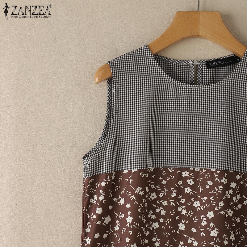 ZANZEA Women Floral Print Patchwork Summer Sleeveless Plaid Dress