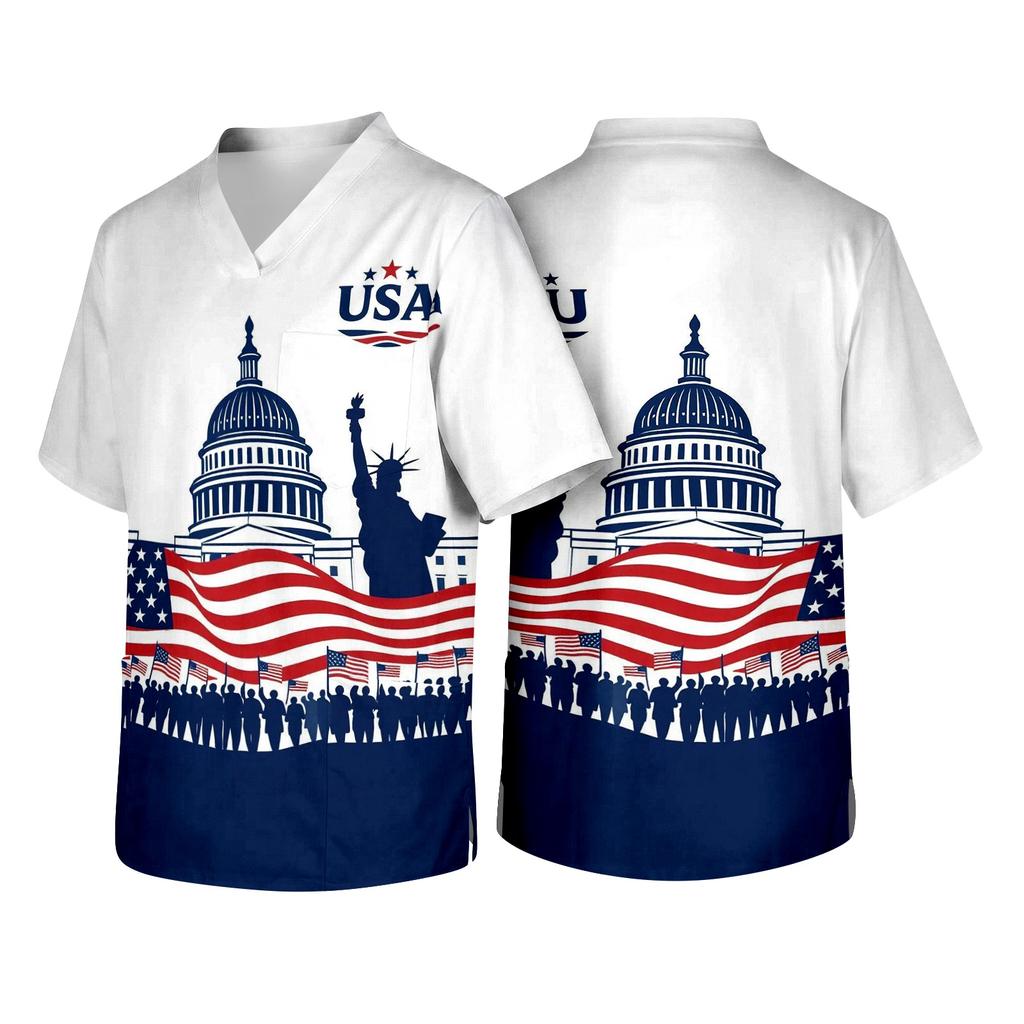 Men's V Neck Scrub Top with Chest Pocket American Flag Print Short Sleeve Medical Uniform Shirt for Healthcare Professionals