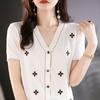 V-neck Thin Knitted Cardigan for Women with Small Fragrance Style Design and Fashionable Ice Silk Top Embroidered T-shirt In Summer