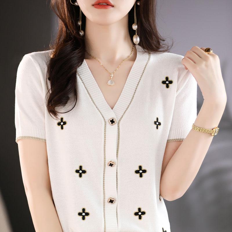 V-neck Thin Knitted Cardigan for Women with Small Fragrance Style Design and Fashionable Ice Silk Top Embroidered T-shirt In Summer