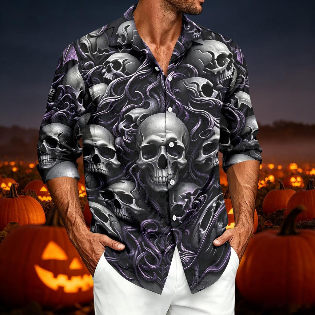 Men's Casual Long Sleeve Shirt with Halloween Print for Spring and Fall