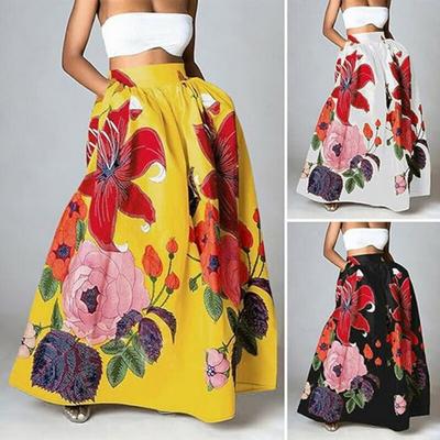 Women Maxi Skirt Elastic High Waist Large Hem Long Skirt with Pockets Flower Print Parties Weddings Skirt