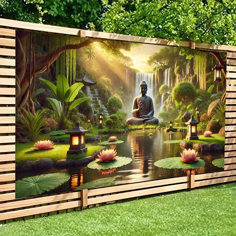 Buddha Garden Waterfall Tapestry Zen Landscape Art Lotus Pond Decor Peaceful Nature Wall Hanging Living Room Print