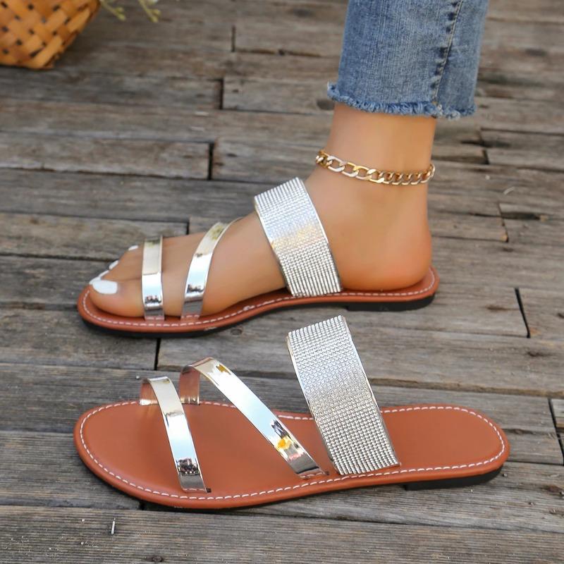 Fashion Summer 2025 Fashion Women's Shoes European and American Foreign Trade Large Size 43 Amazon EBay Shiny Flat Crystal Slippers Drop