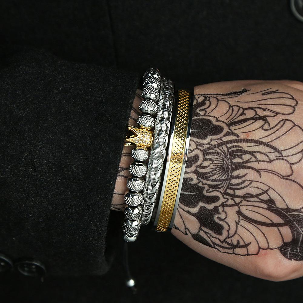 New copper inlaid zircon crown woven bracelet combination stainless steel mesh opening titanium steel bracelet set men
