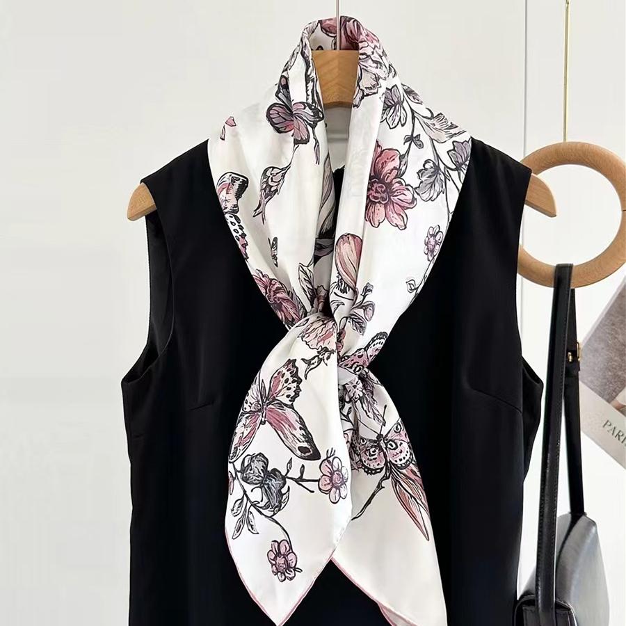 Bysifa|China Style Lotus Blue White Women100% Silk Scarf Hijab Cape Bandana Fall Winter Large Square Head Scarves Shawls 90Cm