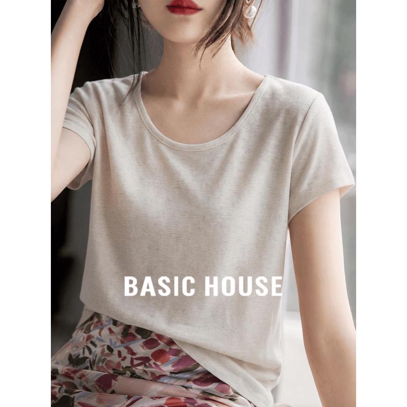 Basic House Women s Tencel & Linen U-Neck Short Sleeve T-Shirt M