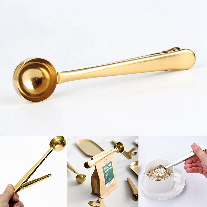 2 In 1 Stainless Steel Coffee Bean Measuring Spoon With Sealing Bag Clip Spice Milk Powder Scoop Baking Scale Spoon Kitchen Tool