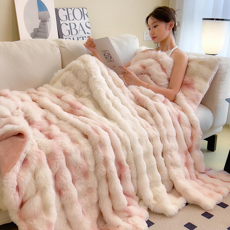 Luxury Super Soft Faux Rabbit Fur Blanket Fluffy Pink White Gradient Throw Blankets for Sofa Bed Winter Warm Thick Plush Blanket