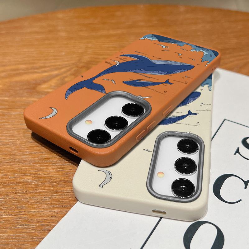Whale Print Leather Texture TPU Phone Case For Samsung S25 S24 FE S23 Ultra S22 A56 A36 A16 A15 A55 A35 Slim Shockproof Matte Soft Bumper Cover