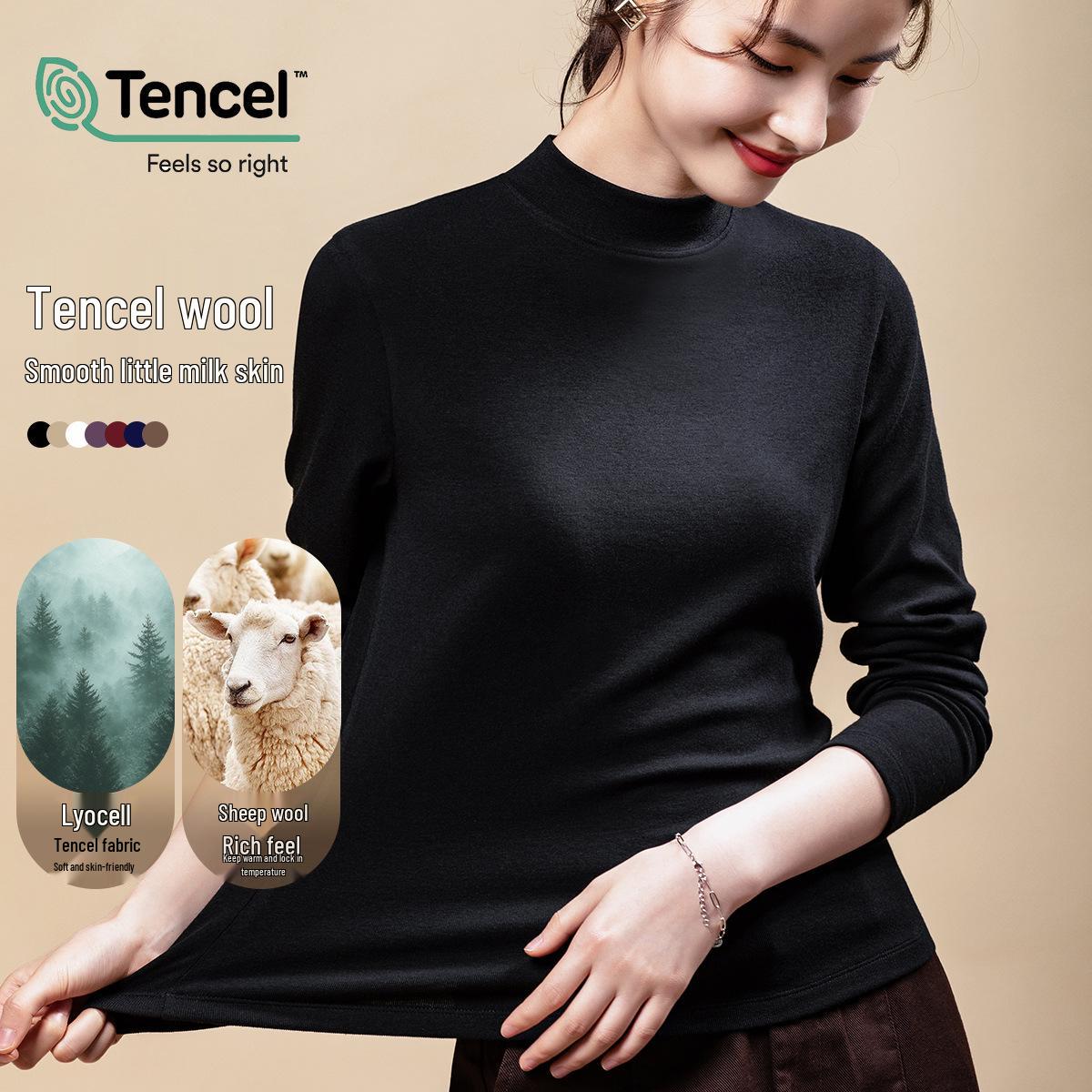 

Women s Lyocell Tencel Wool Long Sleeve Mid-Neck Base Layer Top - Spring Thin Warm Inner Shirt 3XL