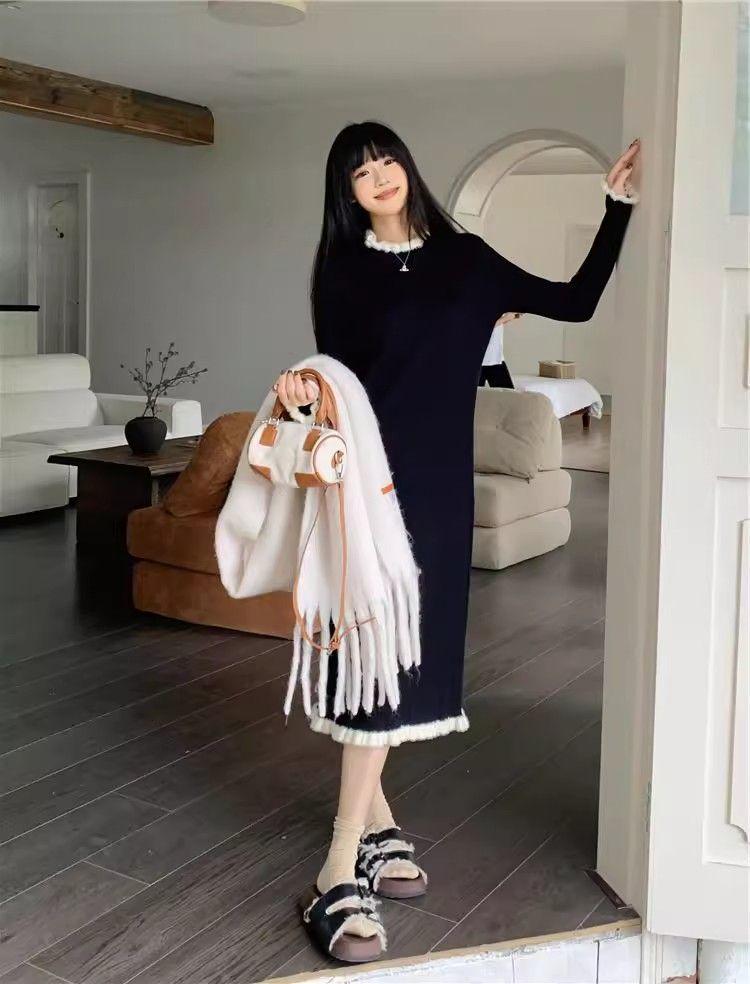 High-End Long Sleeve Knit Sweater Dress - Women's Mid-Length Casual Outerwear
