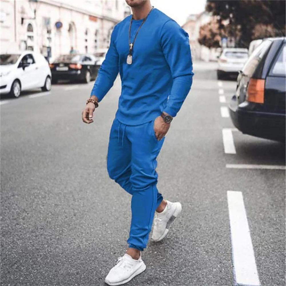 Men's Daily Casual Solid Color Long Sleeved Pants Round Neck Set