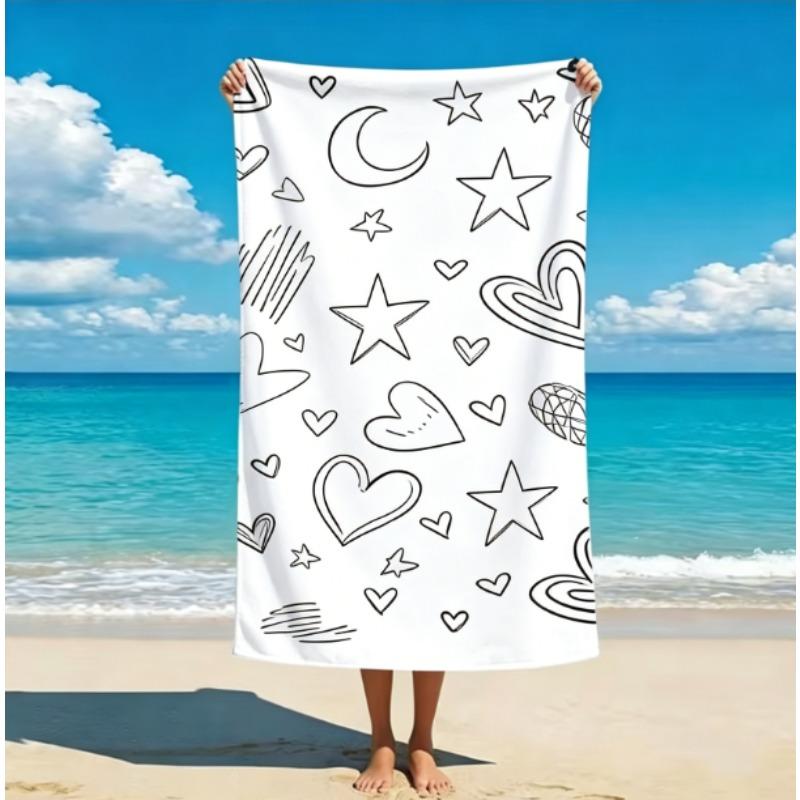 Black White Heart Beach Towel, Microfiber Sand Free Quick Dry, Cute Doodle Print, Soft Absorbent For Summer Travel