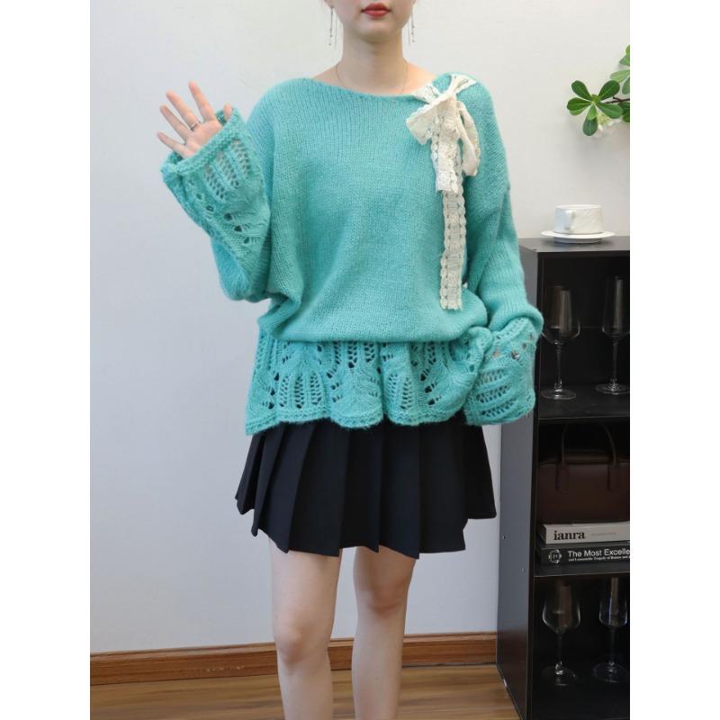 Gentle wind knitted sweater top early autumn new thin hollow sweet design sweater pullover woman