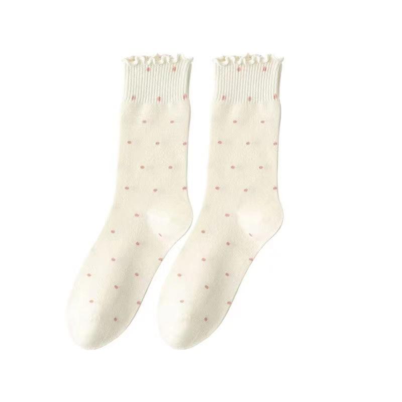 Grey Socks for Women, Mid-calf Autumn Thin Polka Dot Lace Socks, Black Ear-trimmed Autumn and Winter Ballet Style Pile Socks