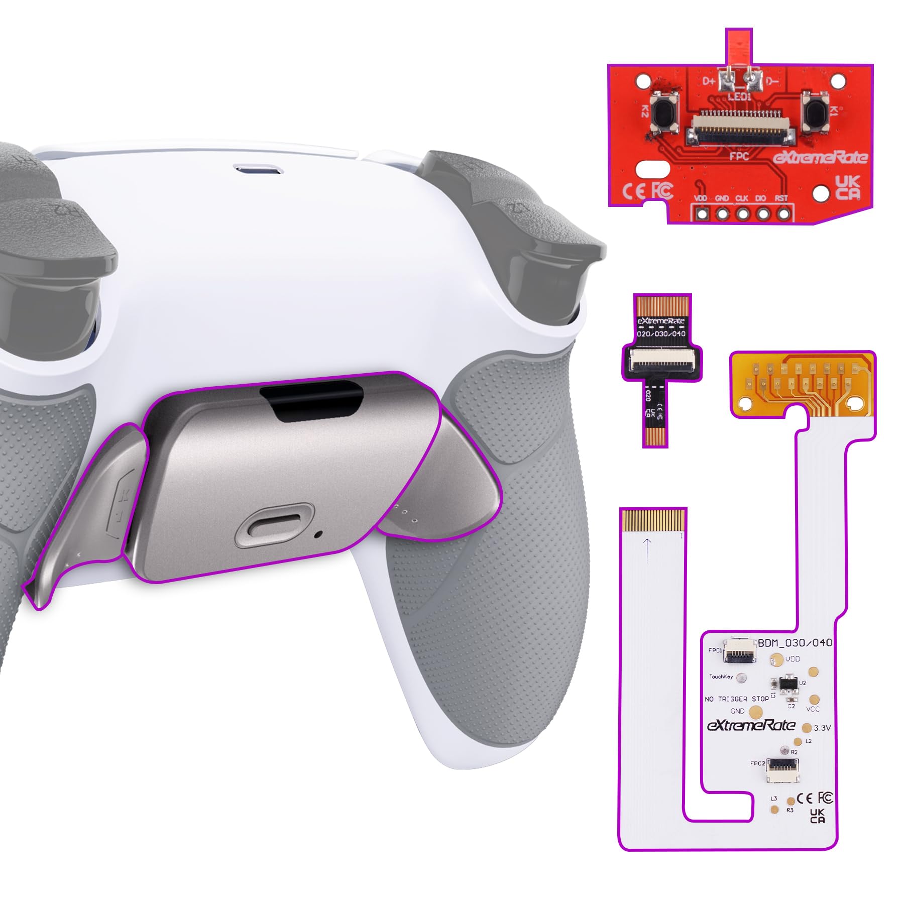 

Controller not eXtremeRate RISE V3 Metal Back Paddle Remap Kit for PS5 Controllers and Includes Upgrade Board with White Redesigned Back Case and сірий колір