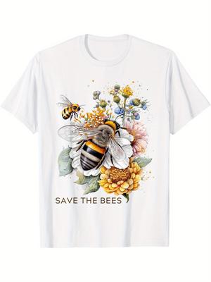 Save The Bees Graphic Tee Men Cotton Floral Pollinator Print Short Sleeve T-Shirt Casual Daily