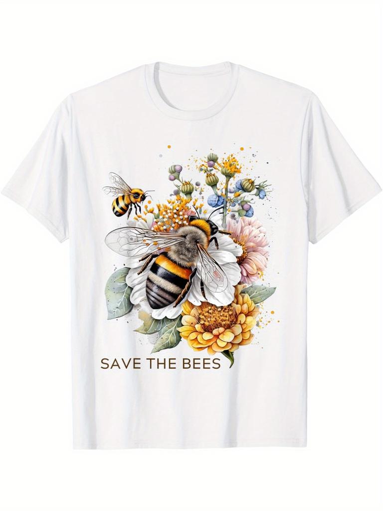 Save The Bees Graphic Tee Men Cotton Floral Pollinator Print Short Sleeve T-Shirt Casual Daily