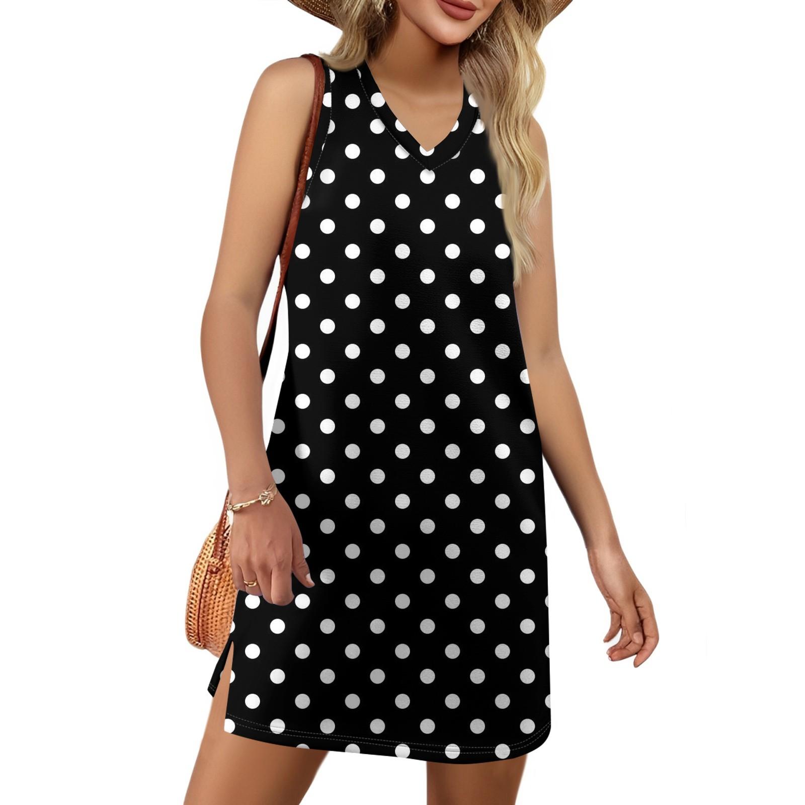 Women s V-neck Summer Casual Beach Vacation Women s Sleeveless Polka Dot Print Sundress L