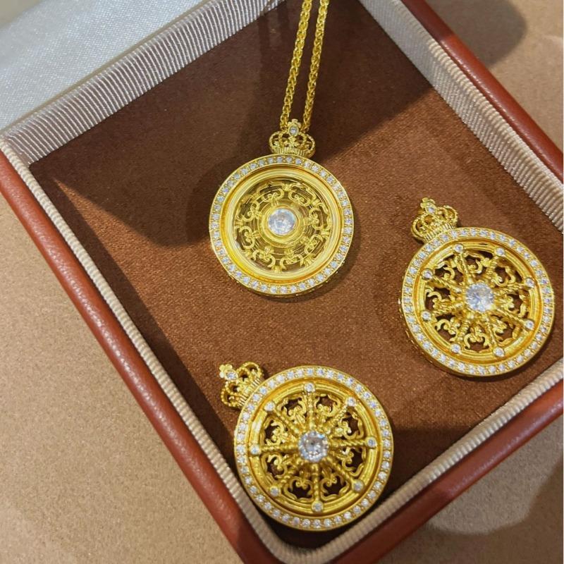 Vintage Drehende Krone Glückskutsche Halskette Kompass Anhänger Kupferbeschichtet Echtsilber Antiker Hohl-Schlüsselbein-Kette