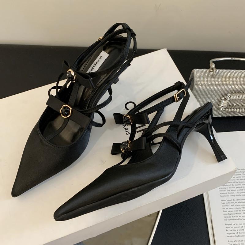 

Fashion Star style Elegant Pointed Toe Satin Bowknot Mary Janes Women Pumps Summer Fashion Slingbacks Stiletto High heels Prom Shoes 40