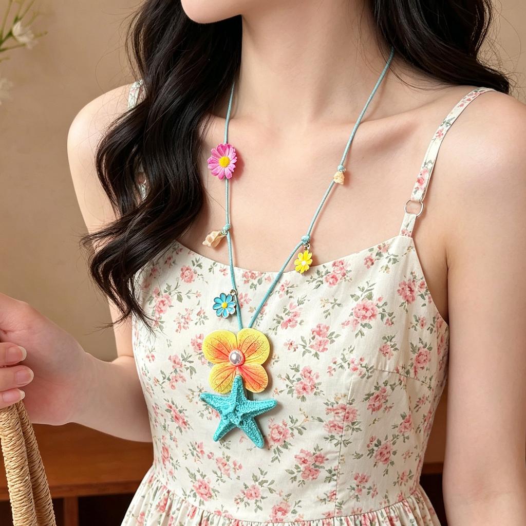 Trendy Summer Starfish Shell Flower Pendant Long Necklace For Women 2026 New Beach Vacation Vintage Charm Y2K Jewelry Accessorie