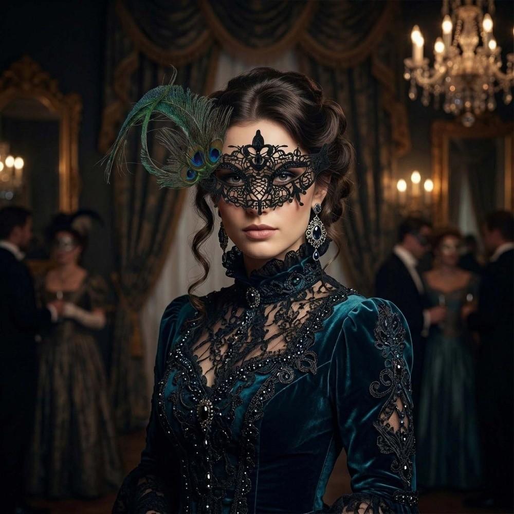 Diamond Decorated Half Face Mask Elegant Feather Accent Masquerade Mask Mysterious Peacock Feather Mask Costume Party