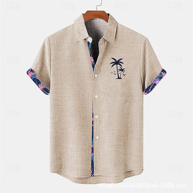 Men's Linen Shirt Hawaii Casual Vacation Men's Short Sleeved Lapel Pocket Shirt Men's Linen Top