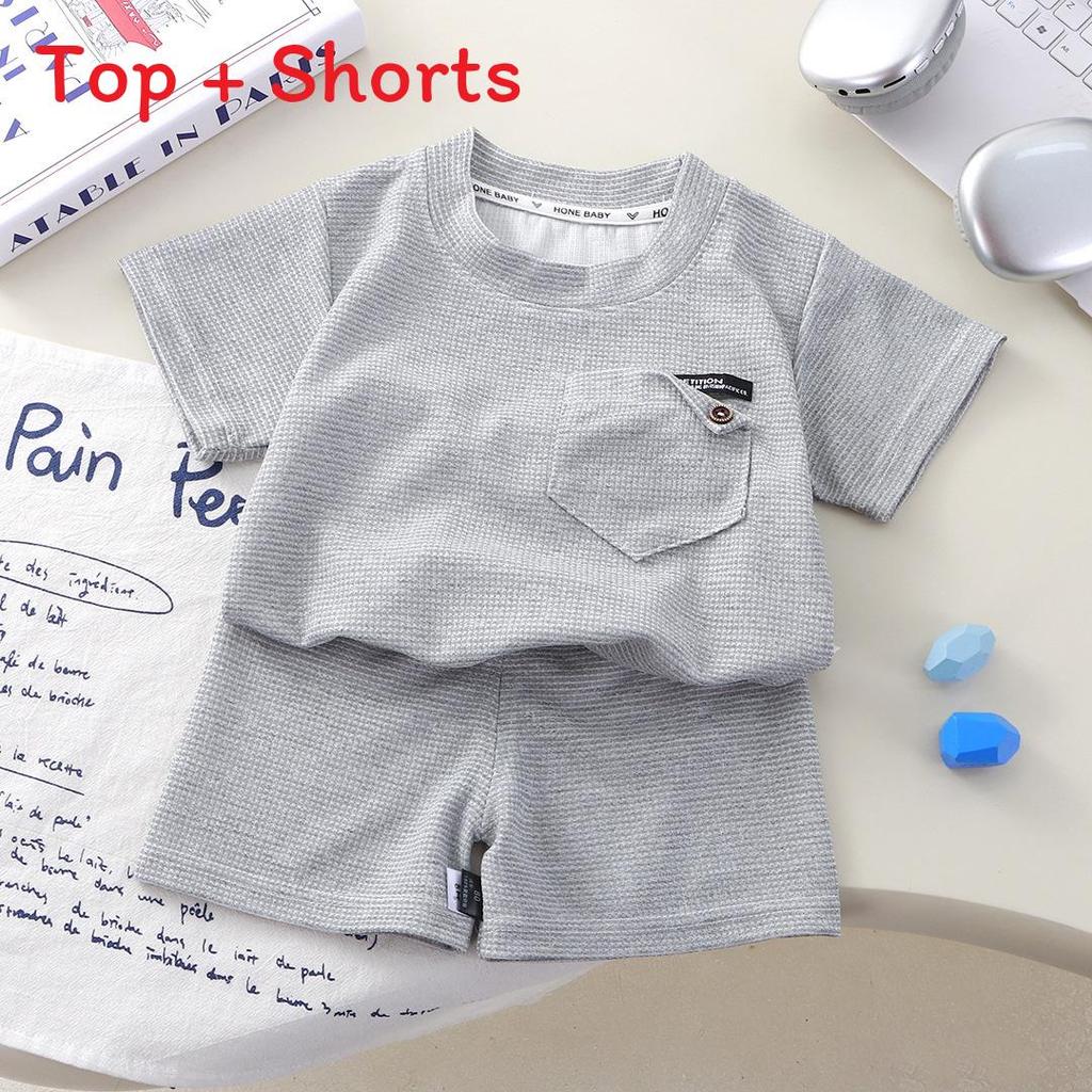 Kids Summer Waffle Short Sleeve Set With Soft Polyester For Toddler Active Play