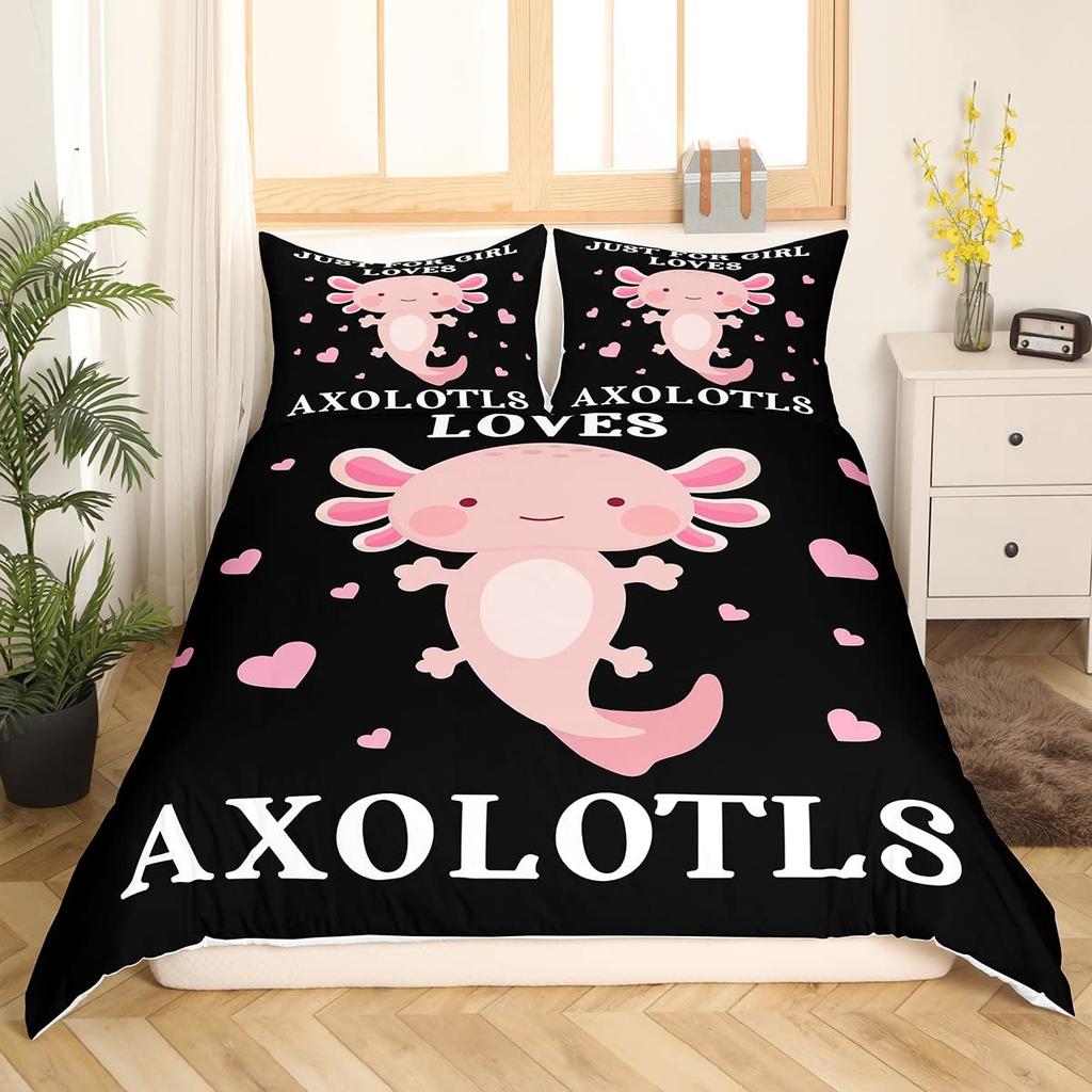 Cute Axolotl Duvet Cover Set Full Size Cartoon Salamander Bedding Set Kawaii Animals Comforter Cover Constellation Black Decor