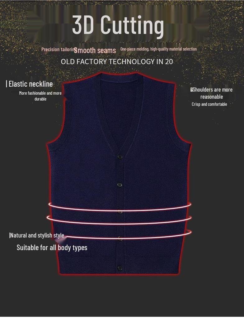 100% Pure Wool Men's Winter 2025 Cardigan Vest - Sleeveless, Middle-aged Style Sweater