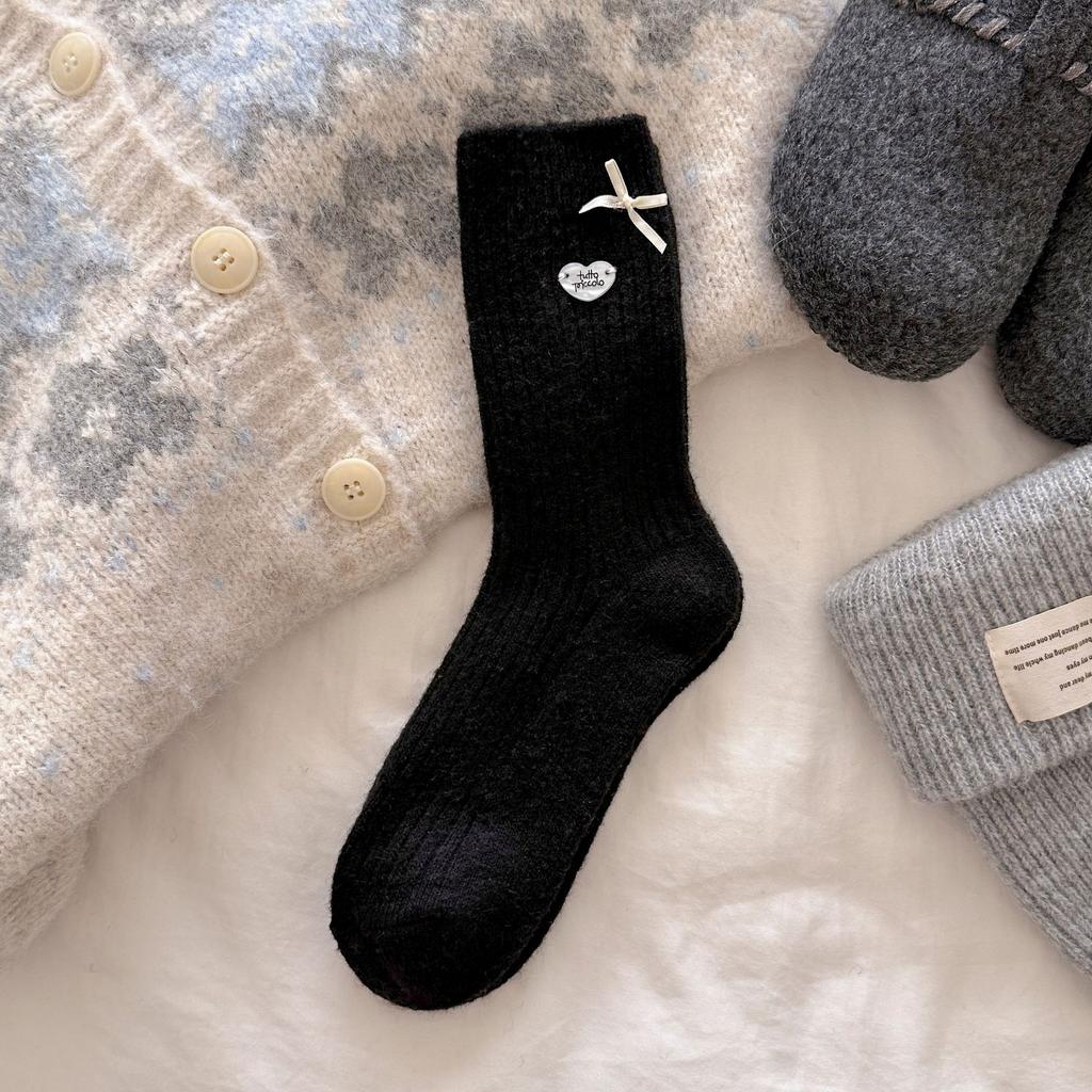 Thickened Buttons, Korean Bows, Gray Wool Socks, Love Girl Socks, Piles Of Socks