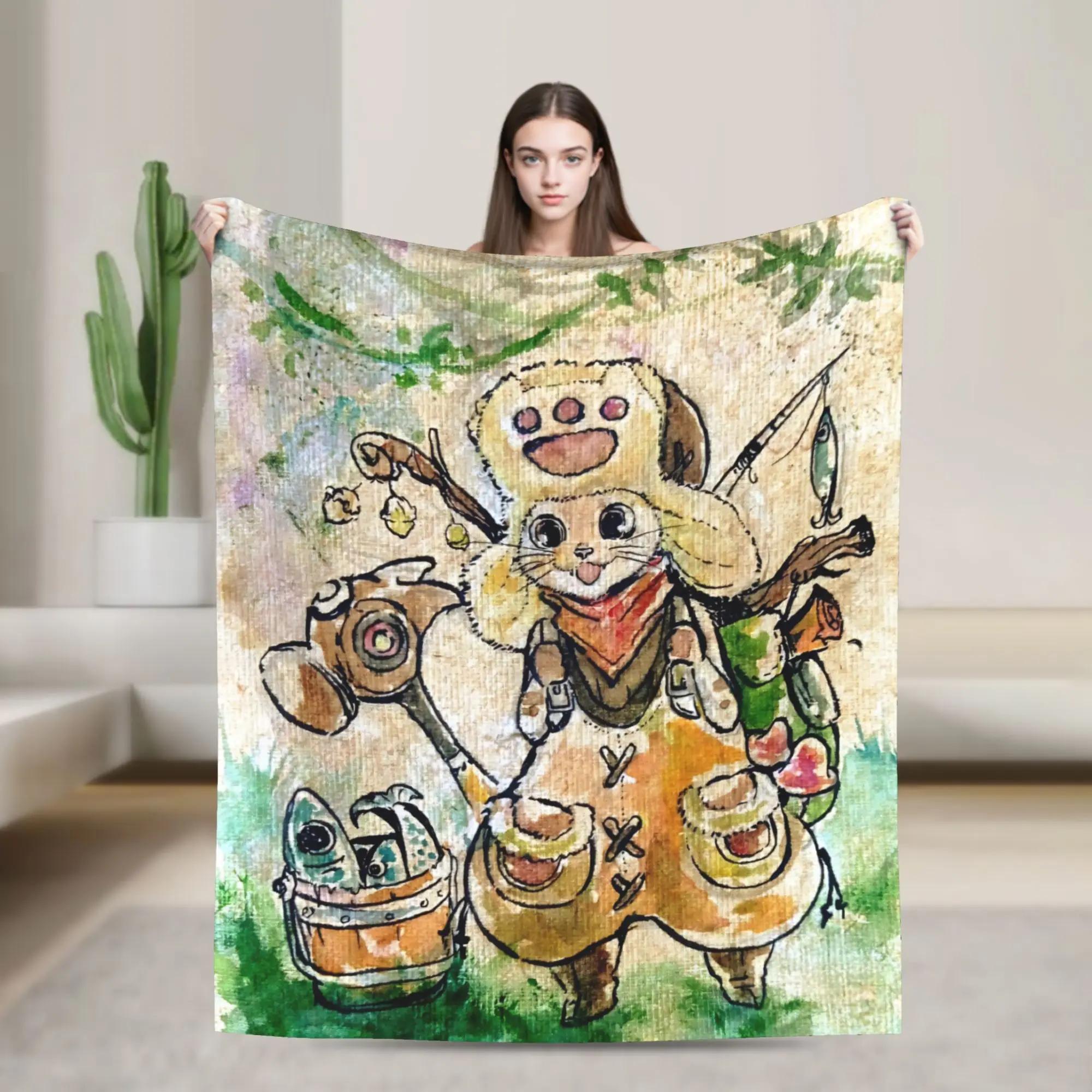 Monster Hunter Wilds Felyne Fleece Blanket xcm Lightweight Throw for Sofa Bed Gaming Lounge Vintage Style 100x150cm