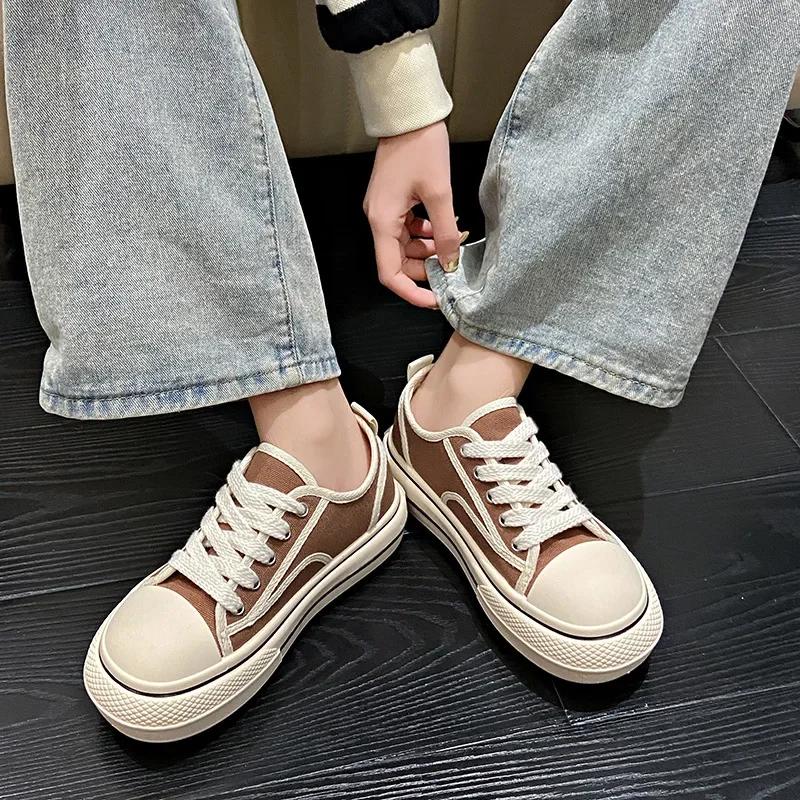 Women Canvas Shoes 2024 Spring Students Thick Bottom Sneaker Casual Lace Up Shallow Mouth Flat Board Tennis Zapatillas Designer