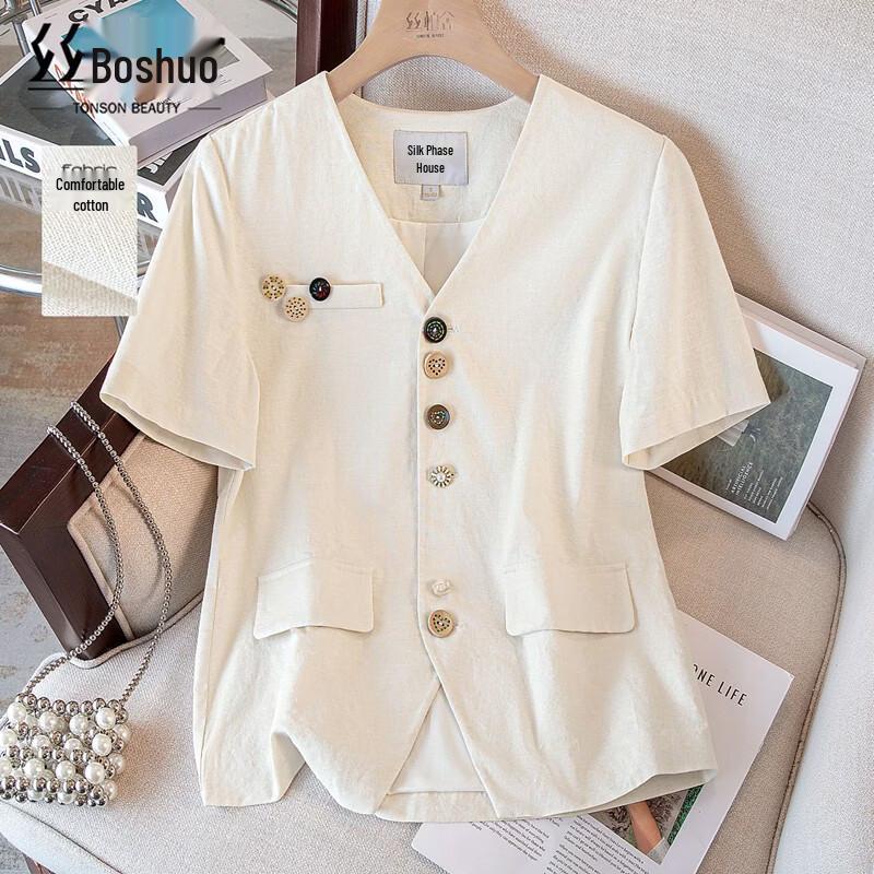 Women s French Retro Linen V-Neck Short Sleeve Shirt L