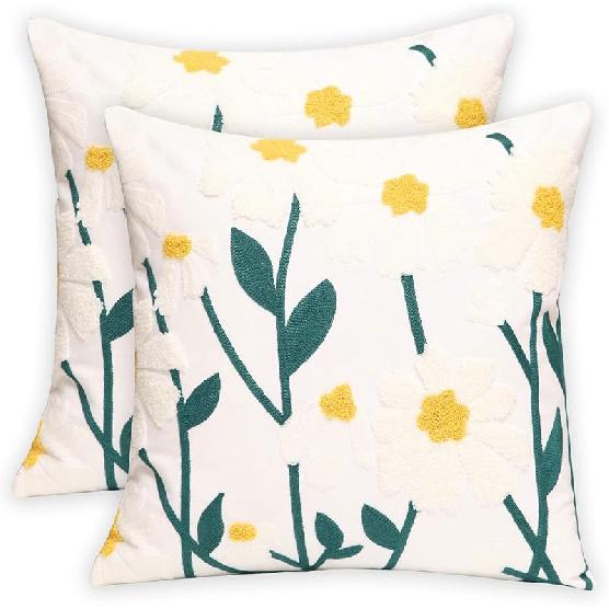 Set of 2 Embroidered Decorative Throw Pillow Covers Couch Square Pillowcases Cushion for Bedroom Sofa Farmhouse Decor 18x18 Inch (Blue Floral)