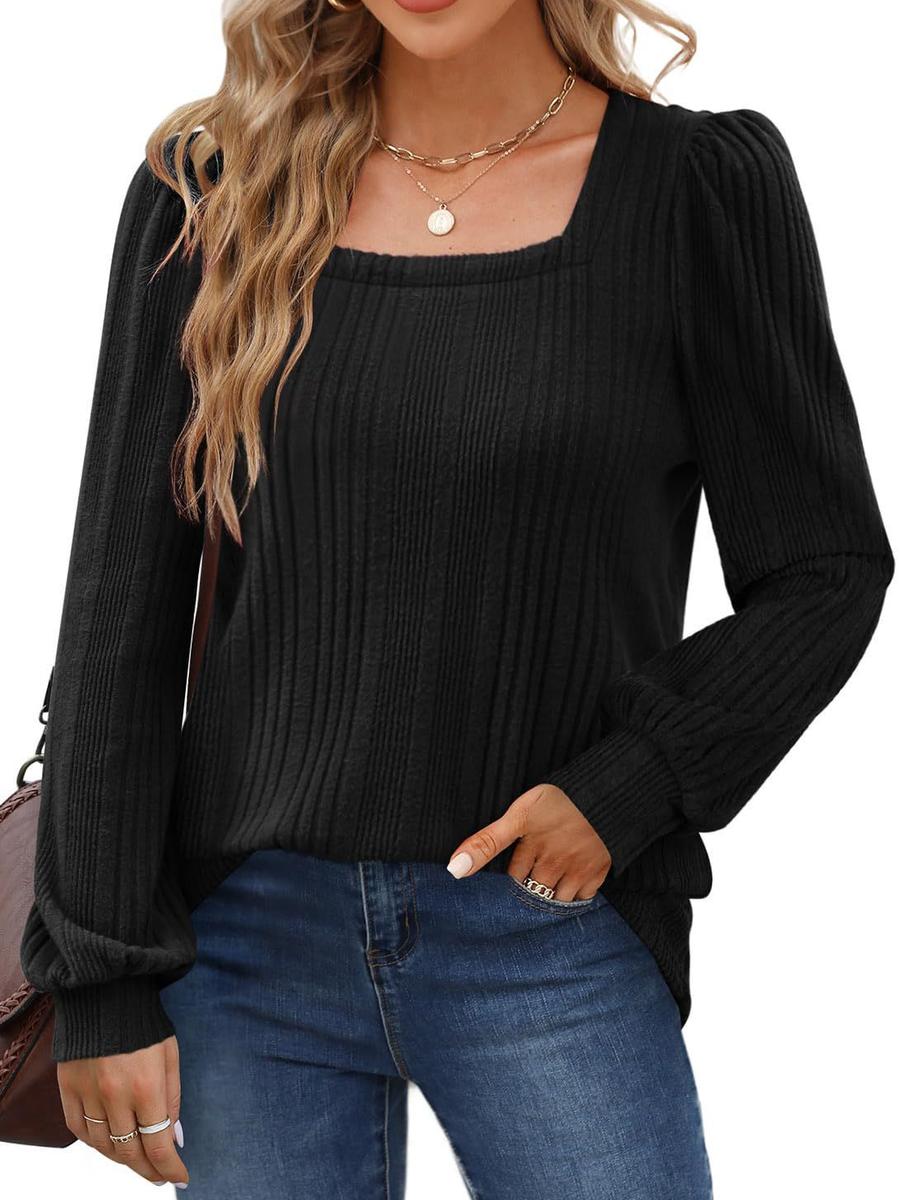Autumn New Women s Chunky Knit Square Neck Casual Long Sleeve Top S чёрный