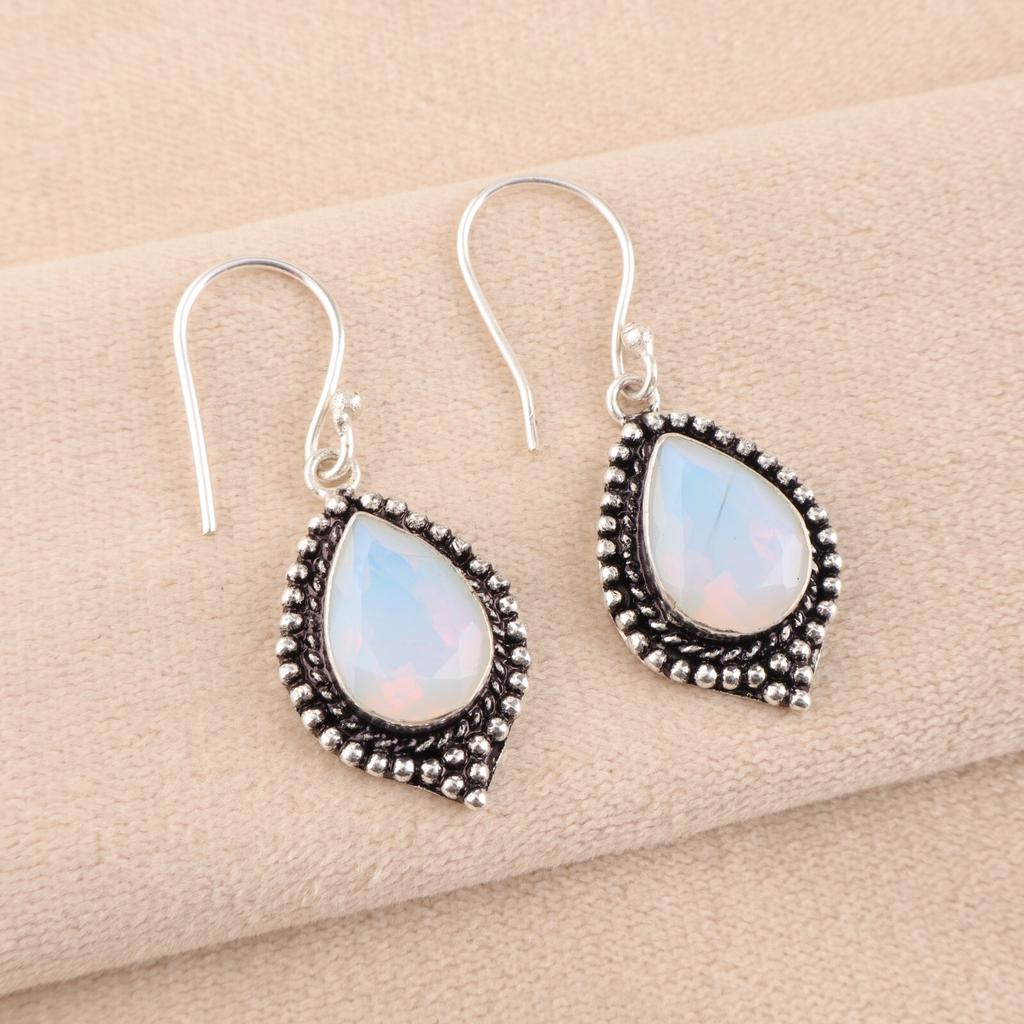 Milky Opal Gemstone 925 Sterling Silver Handmade Jewelry Earrings 1.6" For Gift EE-164-18