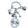 Mini Sports Equipment Keychain: Barbell, Dumbbell, Kettlebell, Gym Letter.