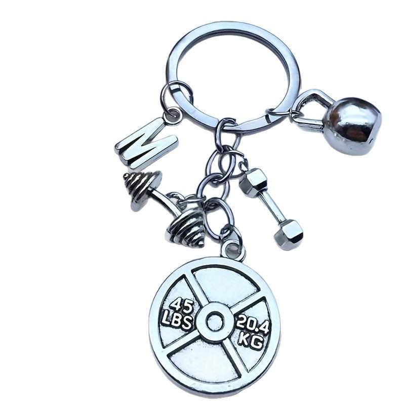Mini Sports Equipment Keychain: Barbell, Dumbbell, Kettlebell, Gym Letter.