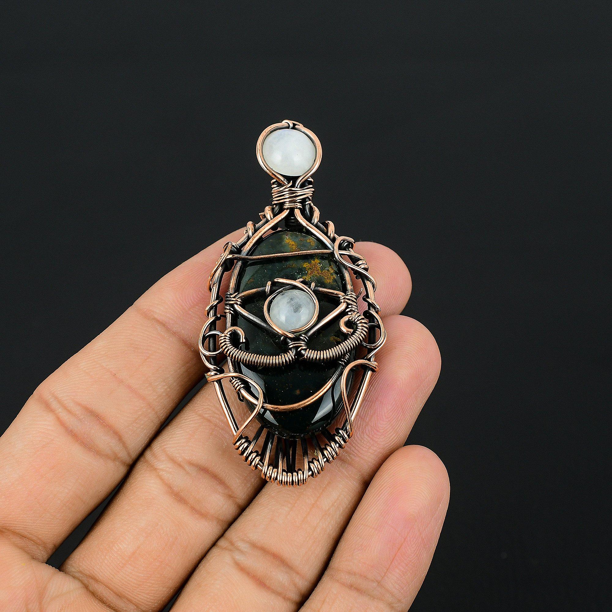 

Bloodstone & Rainbow Moonstone 999 Copper Wire Wrapped Pendant Handmade Gemstone Jewelry, Gifts For Wife Brand New Pendant 2.55 Inches