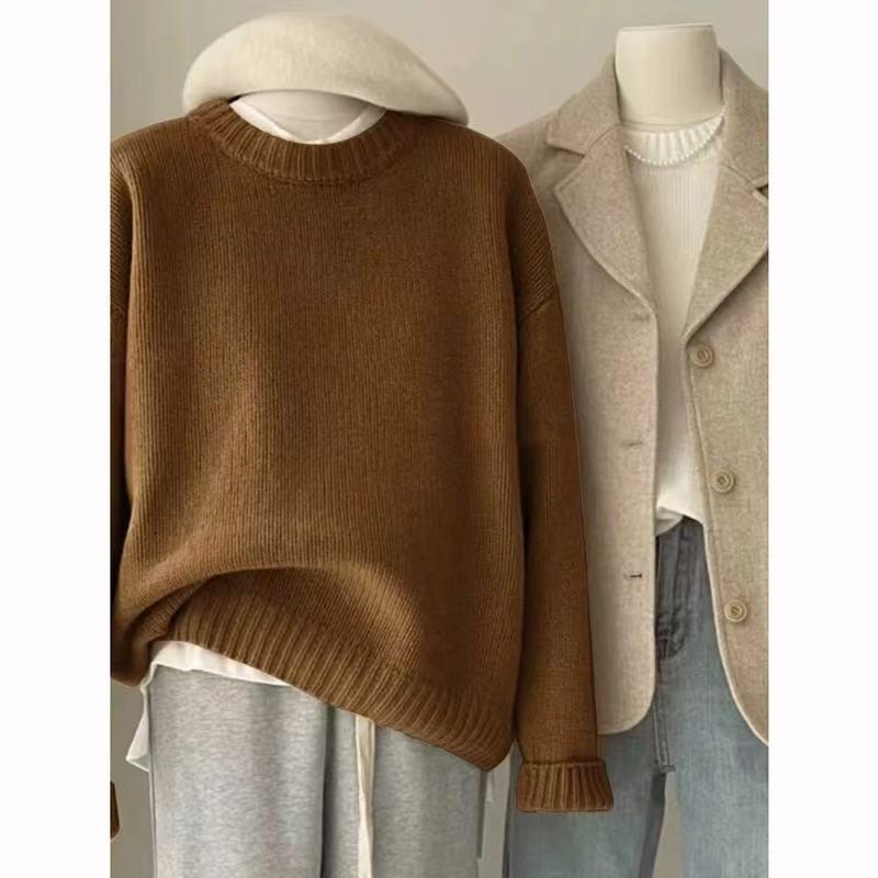 Women's Heavyweight Wool Cashmere Sweater - Round Neck, Thick, Loose Fit, Autumn/Winter Knit Top