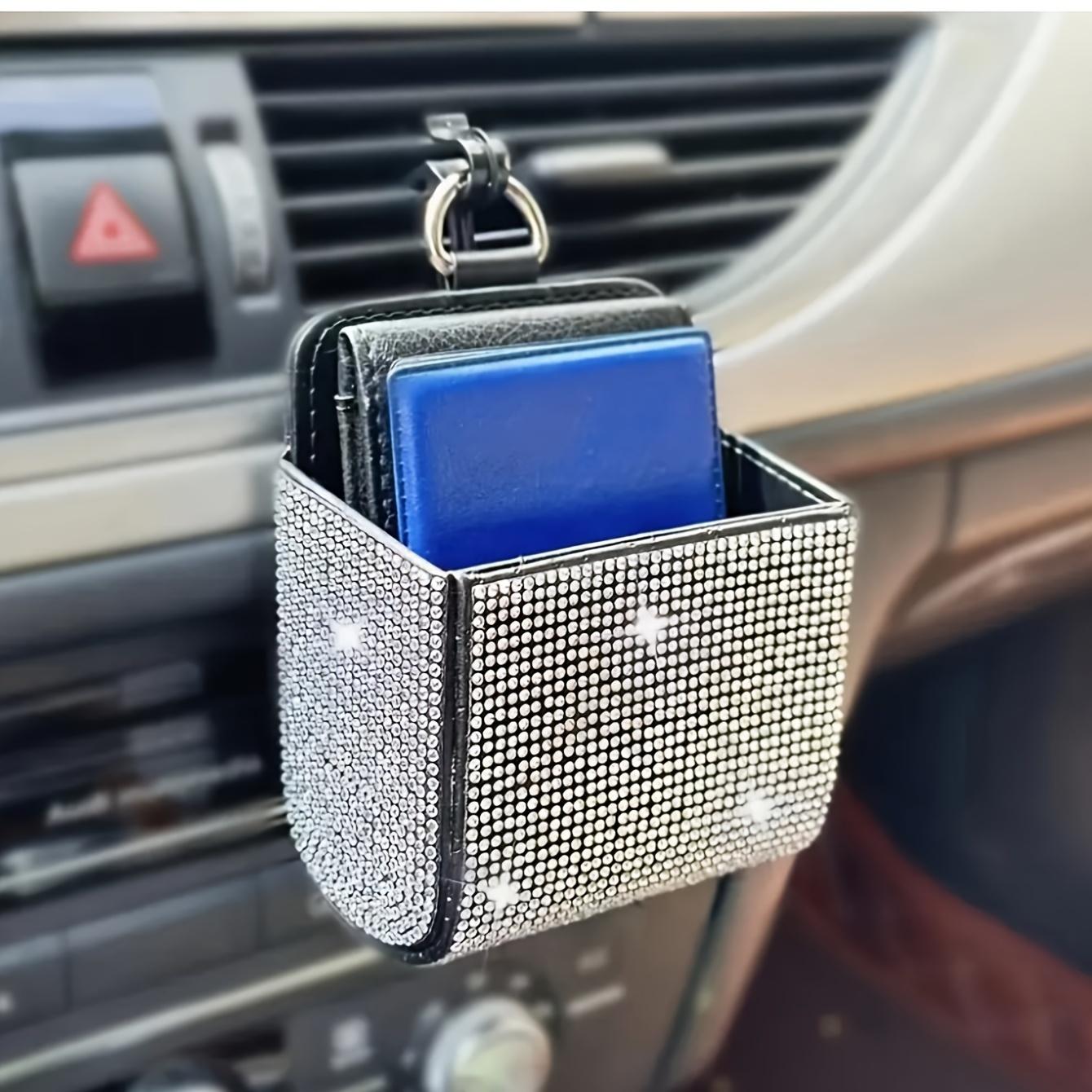 

1 шт. Блестящая сумка для хранения на воздуховоде автомобиля, Органайзер из искусственной кожи со стразами, Аксессуар-подстаканник для автомобиля, Универсальная посадка, Блестящий декор салона автомобиля