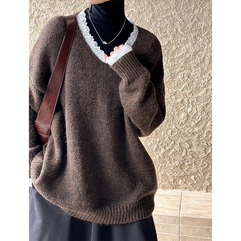 Ju Zhi 2024 Autumn/Winter Korean Loose Casual V-Neck Pullover Sweater Knitwear