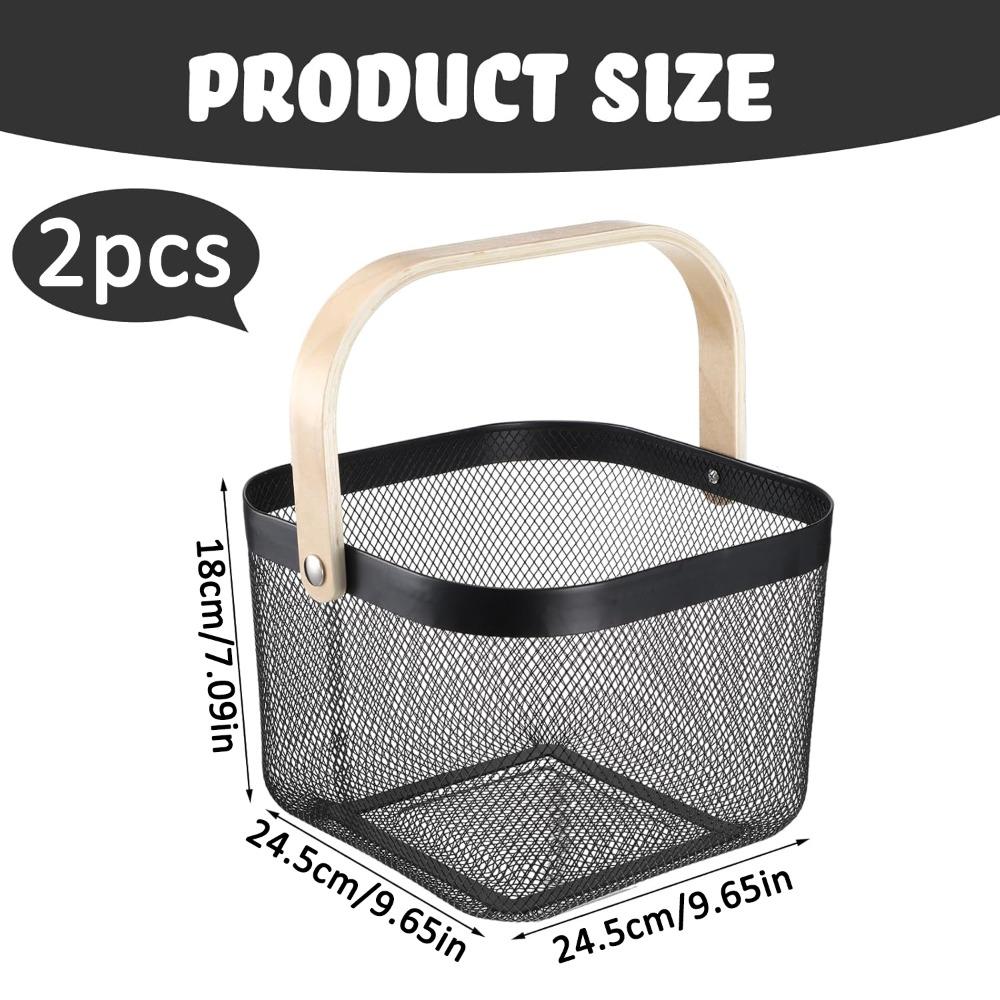 2 шт. Черная металлическая сетчатая корзина с деревянной ручкой Квадратная проволочная корзина для хранения для кладовой ванной кухни Розничная витрина Фермерский рынок Переносная чёрный