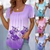 Women's Floral Print T-Shirt Square Neck Pleated Front Short Sleeve Fashion Pullover Top Ladies Summer Casual T-Shirt For Women