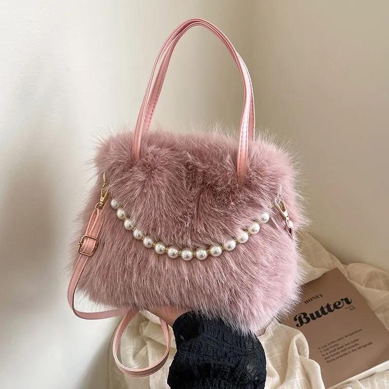 Winter Soft Faux Fur Shoulder Bags for Women Simple Pearl Chain Ladies Plush Crossbody Bags Solid Color Female Handbags Purse